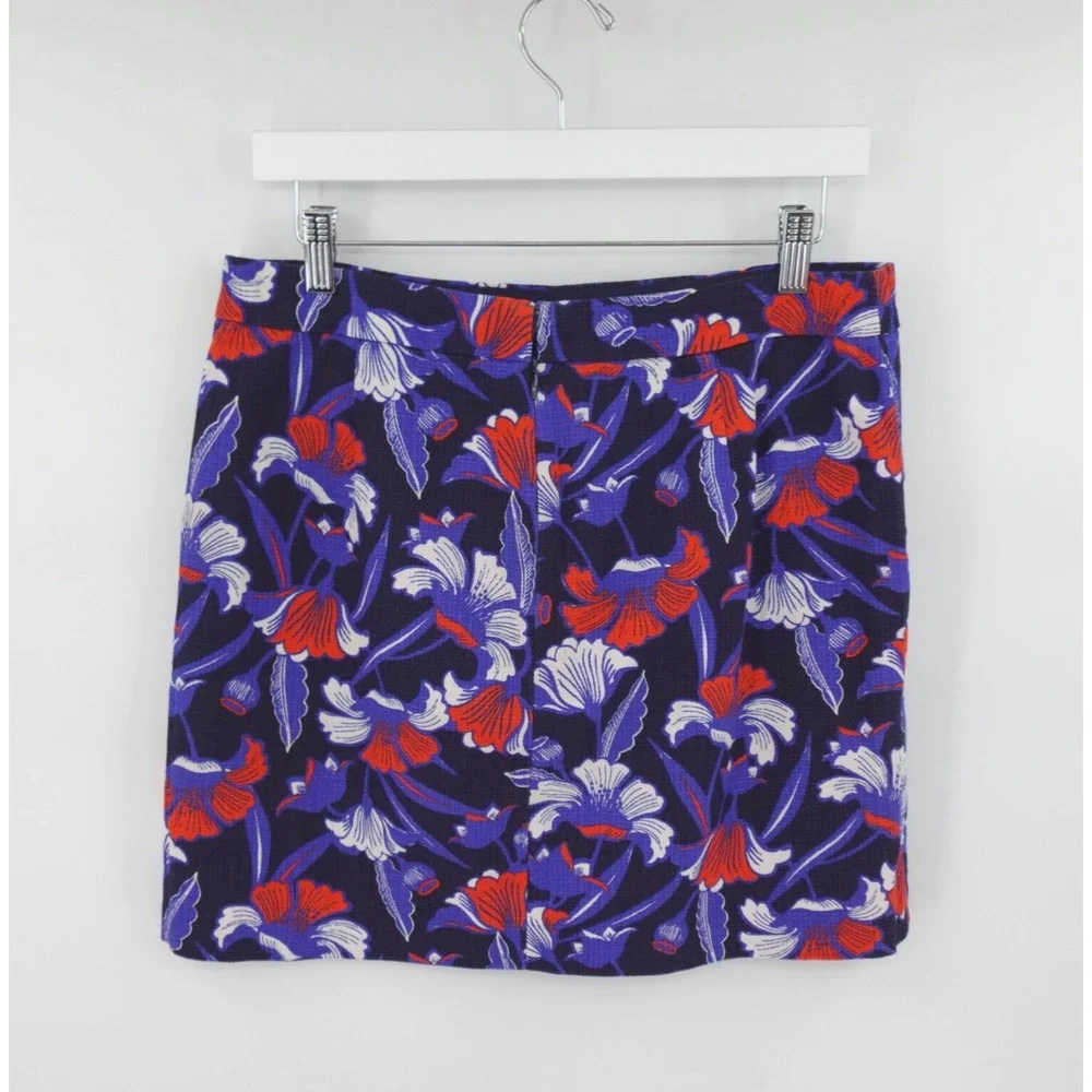 J Crew Mini Skirt 10 Blue Floral Print‎ Basketweave Mod Whimsical
